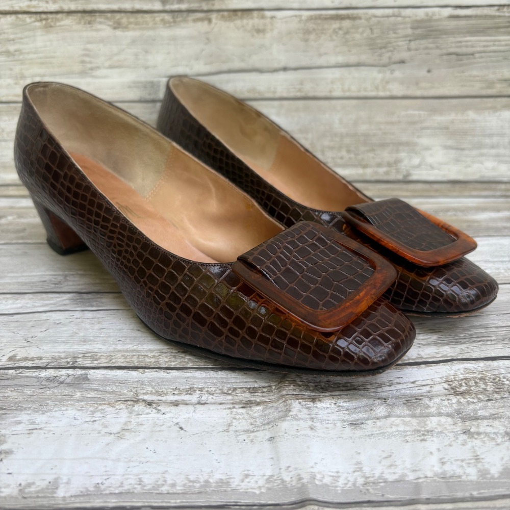 VTG 60s Joseph Square Toe Pumps 7.5A Brown Croc Embossed Buckle Mod Retro